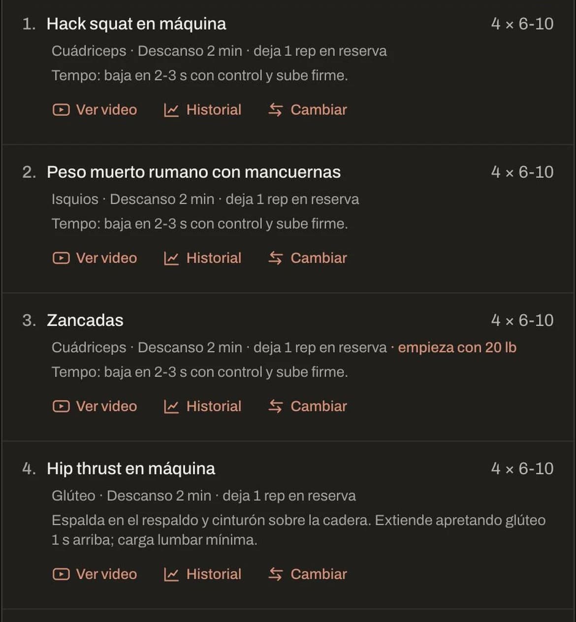 Pantalla de la rutina: la lista de ejercicios del día con series, repeticiones, descansos y pesos sugeridos